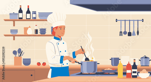Illustration of a chef cooking in a kitchen with various utensils and ingredients on the countertops and shelves.