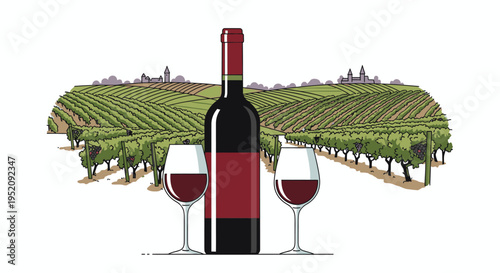 Illustration of a wine bottle with two glasses in front of a vineyard landscape with rows of grapevines on a white background.