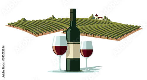 Illustration of a wine bottle with two glasses in front of a vineyard landscape with rows of grapevines and a house in the background.