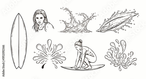 Surfing elements: surfboard, woman surfer, water splashes, and portrait of a girl in sketch style