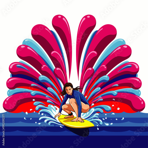 Energetic surfer girl riding a yellow surfboard with a vibrant, abstract splash of pink and blue water behind her.