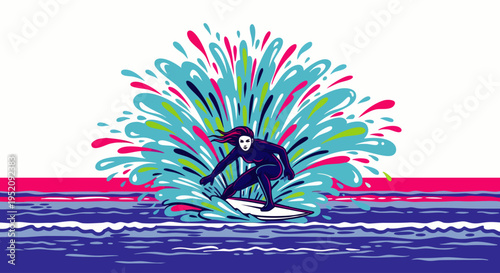 Energetic vector illustration of a female surfer riding a wave with a massive, colorful splash. Dynamic water sports artwork for active lifestyle themes.