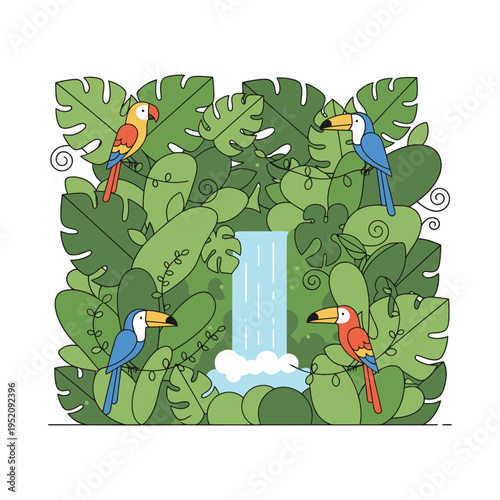 Four colorful parrots and toucans perched amidst lush tropical foliage.