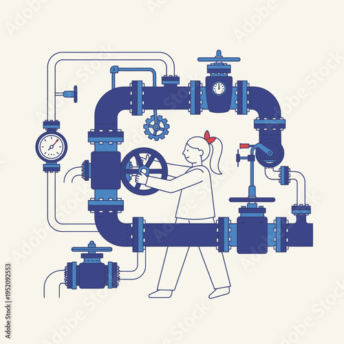 Girl operating complex industrial machinery with valves and gauges.