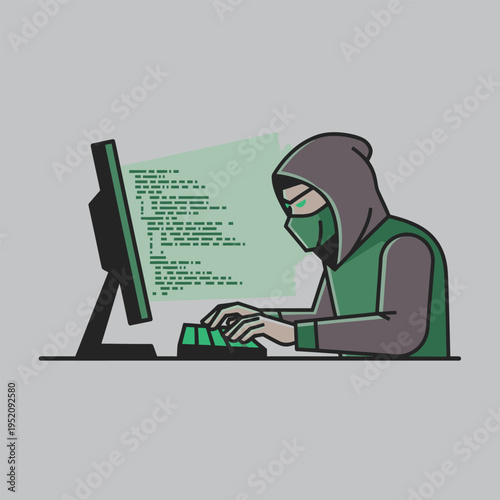 An illustration of a hacker in a hoodie, mask, and glasses, intently typing on a computer keyboard with lines of code displayed on the screen, symbolizing cybercrime and online security threats