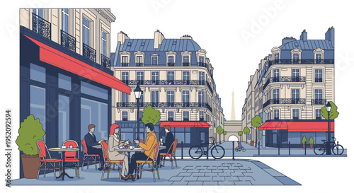 Illustration of people sitting at outdoor cafe tables on a Parisian street with historic buildings and red awnings in a daytime setting.