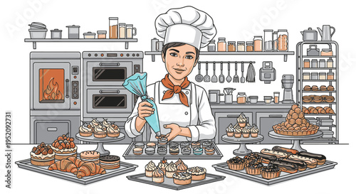 Illustration of a chef decorating pastries with icing in a commercial kitchen with various baked goods and cooking equipment.