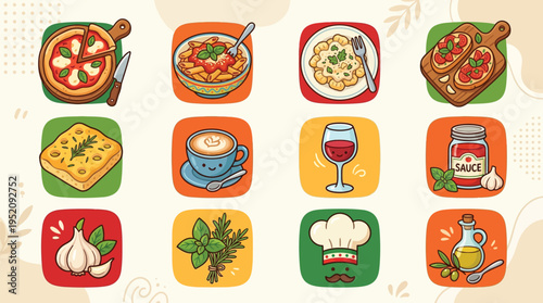 A vibrant collection of Italian food and drink icons, featuring pizza, pasta, focaccia, coffee, wine, and ingredients like garlic and basil, presented in a playful, cartoonish style.