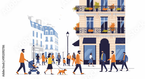 Illustration of people walking on a city street with buildings and a stroller in a modern urban setting with a minimalist style.