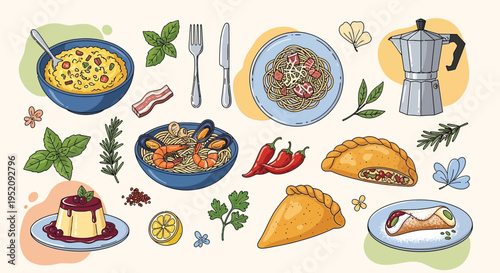 A vibrant collection of Italian food and ingredients, showcasing pasta, seafood, desserts, and herbs, presented in a charming, hand-drawn illustration style.