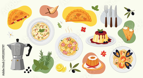 A vibrant illustration showcasing a delightful spread of Italian cuisine, featuring pasta dishes, desserts, and a coffee maker.
