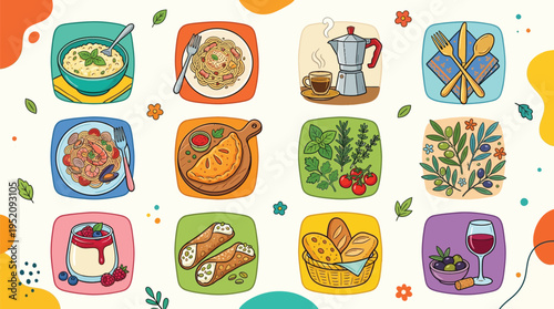 A vibrant collection of twelve square icons illustrating various elements of Italian cuisine, beverages, and culinary culture, set against a colorful background.