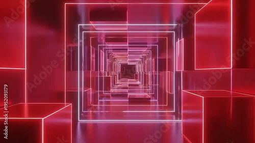 Geometric tunnel with glowing neon light frames and cubes