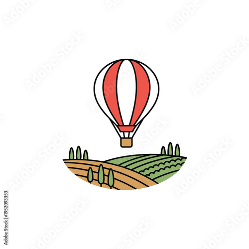 Hot Air Balloon Journey Over Rolling Hills and Farmland Fields, A Scenic Adventure