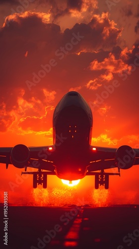 Silhouette of an airplane taking off against a vibrant fiery orange and red sunset sky