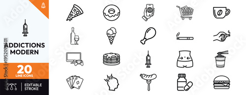 Modern Addictions Icon Set, Editable Stroke, 20 Line Icons
