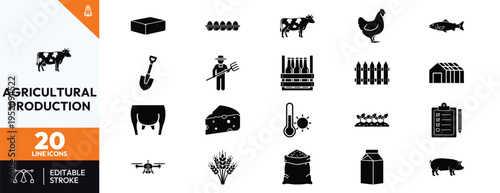 Agricultural production icons set including farm tools and livestock