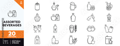 Assorted beverages line icons set including drinks and liquids