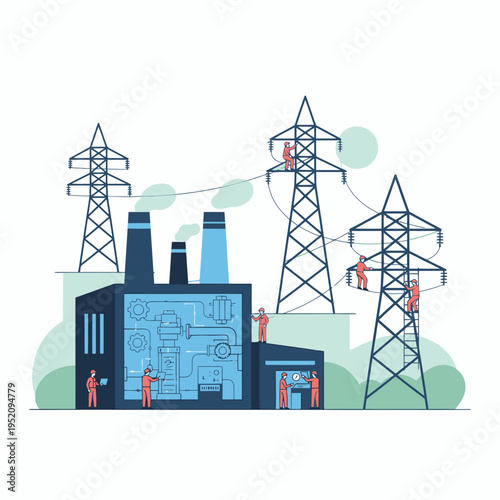 Industrial Power Plant and Electricity Transmission Towers.