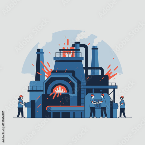 Industrial Factory with Workers and Fiery Furnace.