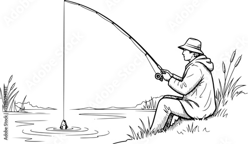 Man Sitting and Fishing by Lake Illustration in Detailed Line Art Style, Outdoor Relaxing Activity Graphic for Nature, Hobby and Leisure Concept