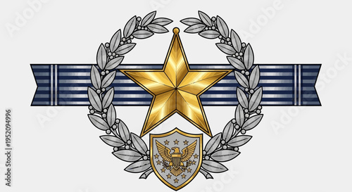 Gold Star Military Medal with Silver Laurel Wreath and Blue Ribbon Emblem Illustration
