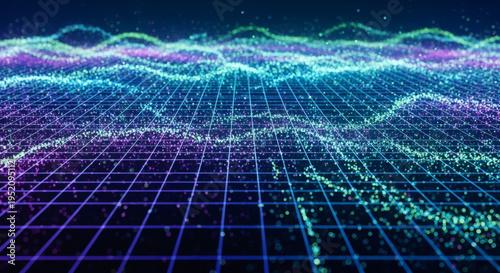 Abstract Digital Waves Of Blue And Purple Particles Flowing On A Grid Background Representing Data Flow And Connectivity