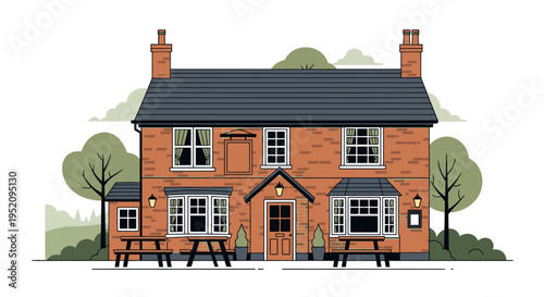 Illustration of a two-story red brick house with a black roof, picnic tables, and trees in a suburban setting.