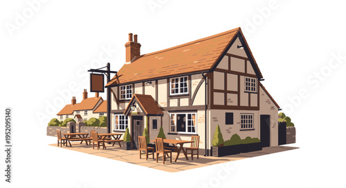 Illustration of a traditional English half-timbered pub with outdoor seating on a white background.