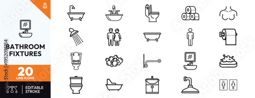 Bathroom fixtures and accessories line icons set for design