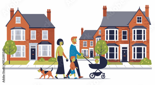 Illustration of a family with a toddler and dog walking on a suburban street with row houses.