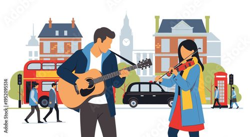 Illustration of a man playing guitar and a woman playing violin on a city street with buildings and people in the background.