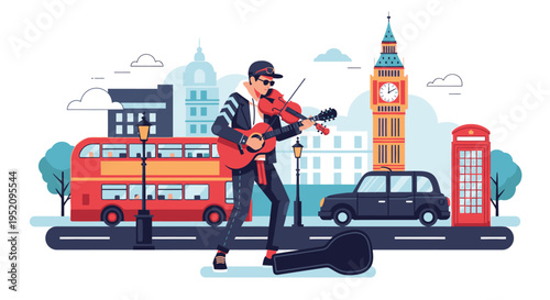 Illustration of a man playing a violin on a city street with a bus, car, and phone booth in London.