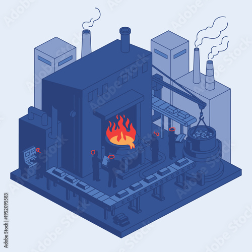 Industrial furnace with molten metal and factory setting.