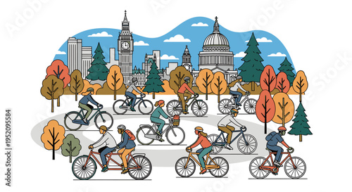 Illustration of people cycling in a city park with fall foliage and buildings in the background, conveying a lively and eco-friendly atmosphere.