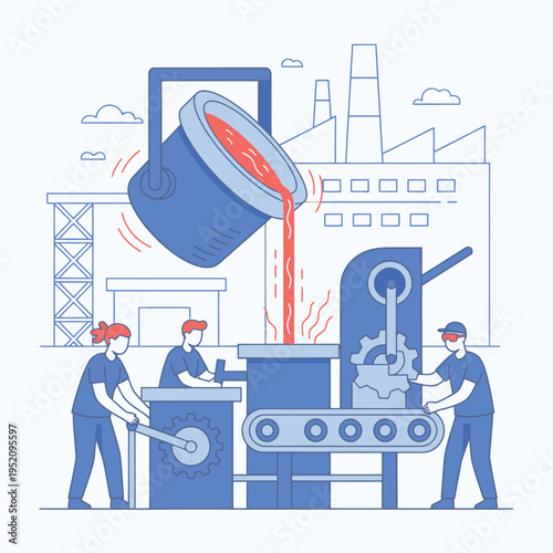 Industrial Foundry Workers Pouring Molten Metal into Machine.