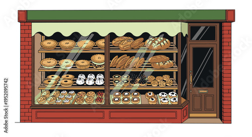 Illustration of a bakery storefront with a display window full of pastries and a brown door, set against a red brick wall with a green awning.
