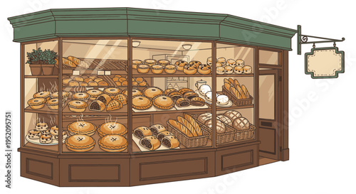 Illustration of a bakery storefront with a green awning and a variety of pastries on display in the window.