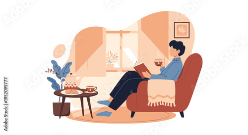 A woman sits in an armchair with a laptop and coffee cup in a cozy living room with warm lighting and a plant.