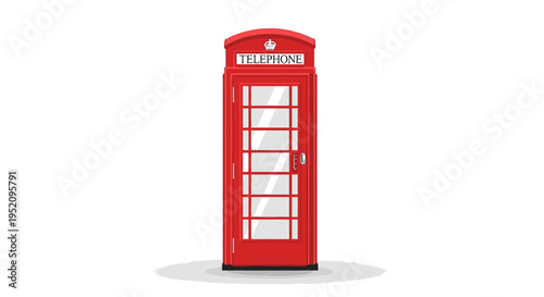 A classic red British telephone booth with a white sign and grid-patterned glass door against a plain white background.