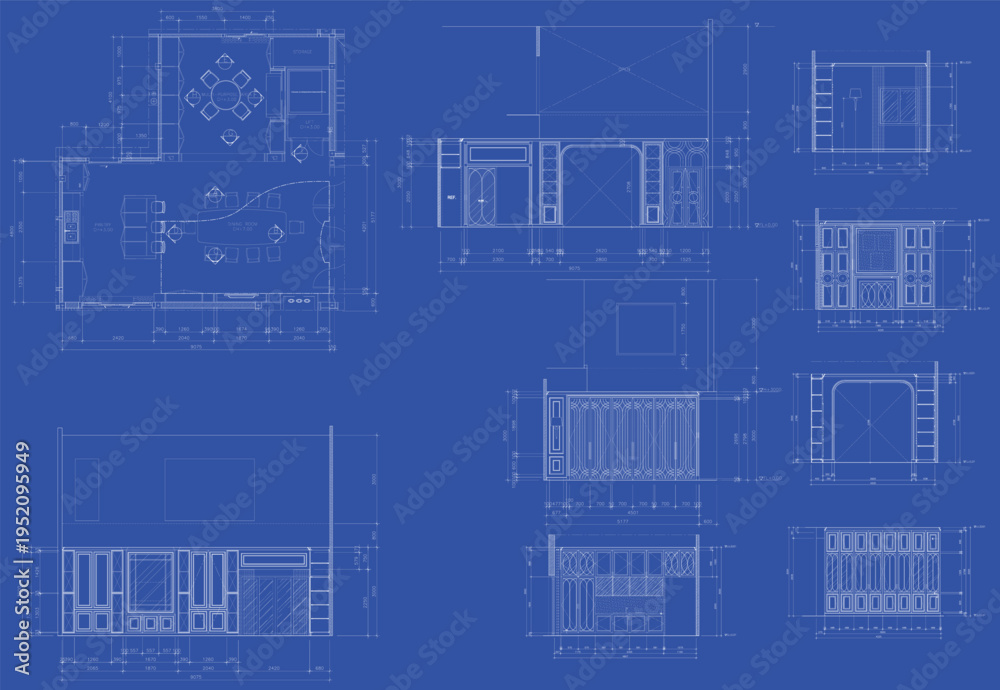 Fototapeta premium Conceptual Blueprint Floor Plan of Dining Room and Pantry Area for Interior Architecture Design