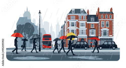 Illustration of people walking with umbrellas on a rainy city street with buildings and a bus in the background.