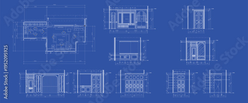 Conceptual Blueprint Floor Plan of Bedroom with Walk-in Closet Featuring Furniture Layout and Elevations for Interior Design and Construction