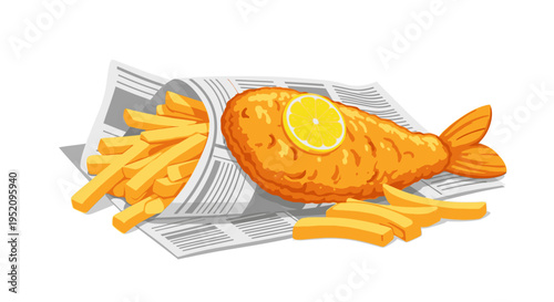Illustration of a plate of fish and chips with a lemon slice on top, served on newspaper with a side of fries.