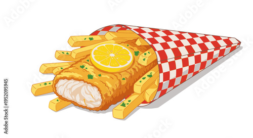 Illustration of a fish and chips meal served in a red and white checkered cone on a white background with a slice of lemon on top.
