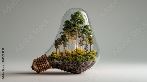 A lightbulb filled with a small forest, representing bright ideas for sustainable living.