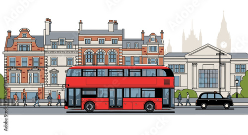Illustration of a red double-decker bus driving past historic buildings and a black car on a city street with pedestrians.