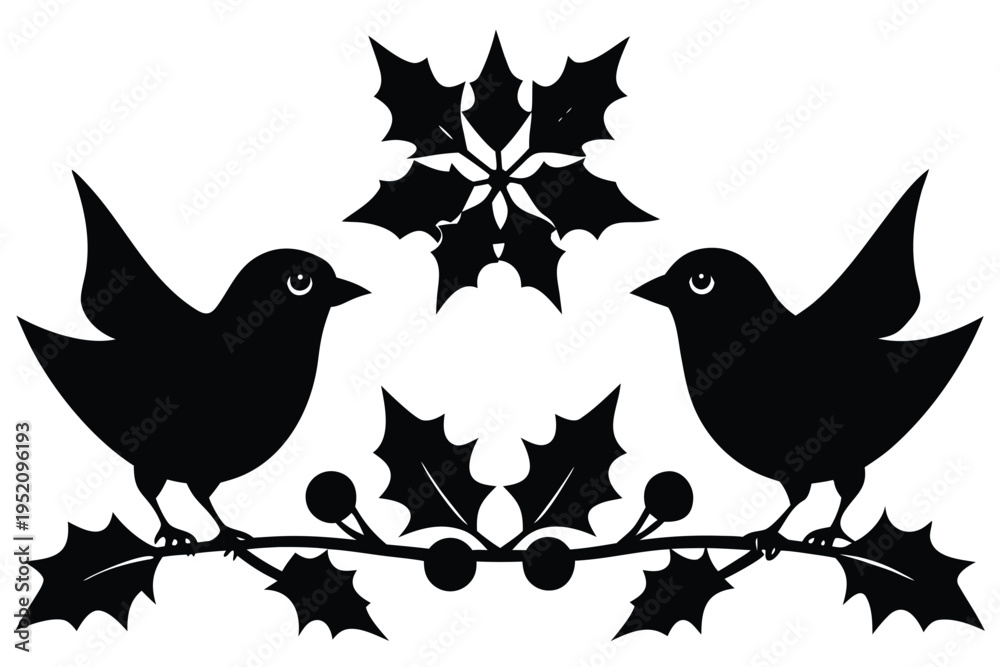 Obraz premium Festive Winter Birds Perched on Holly Branch Border Illustration for Christmas Cards and Seasonal Decor