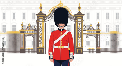 Illustration of a British guard in a red uniform standing in front of a gold and white gate with a large building in the background.