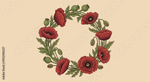 Vintage Red Poppy Wreath Floral Circular Frame Botanical Illustration for Remembrance or Wedding Design